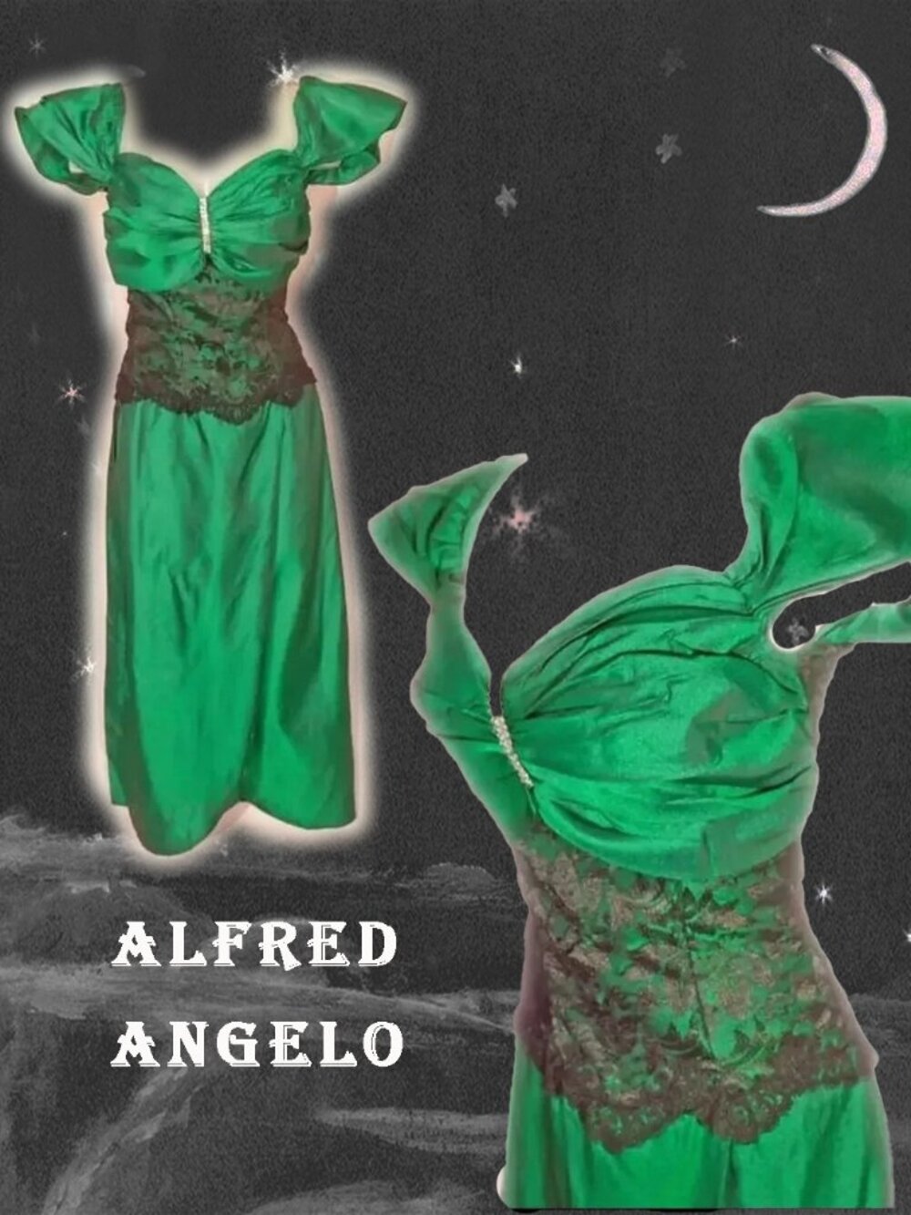 Green Formal Midi Dress UNIQUE Styling with Black Lace Corset Look - 80s